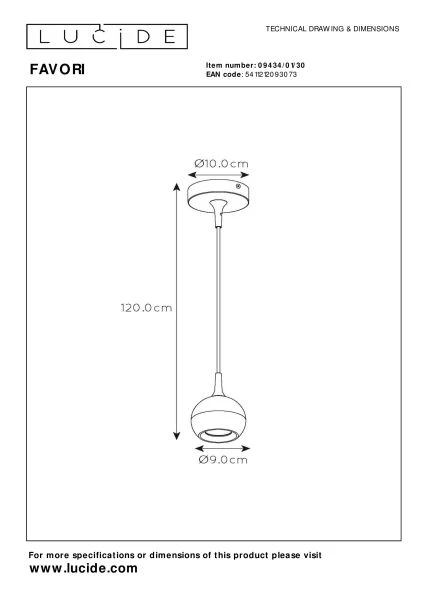 Lucide FAVORI - Pendant light - Ø 9 cm - 1xGU10 - Black - technical